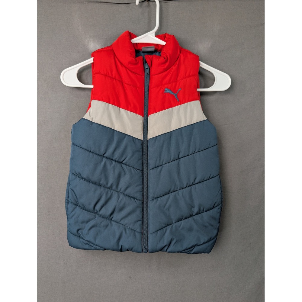 Puma Boys Puffer Vest Red Blue Gray Colorblock Zip Up Sleeveless Jacket XS 5/6